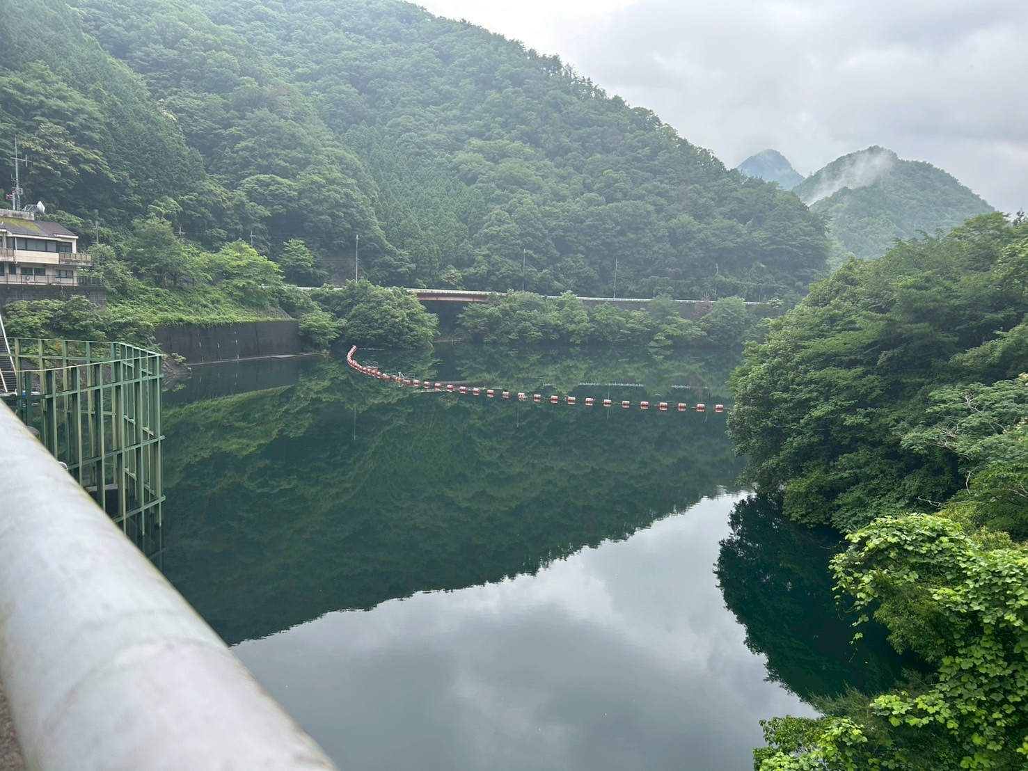 霧に包まれた安富の緑のダム湖