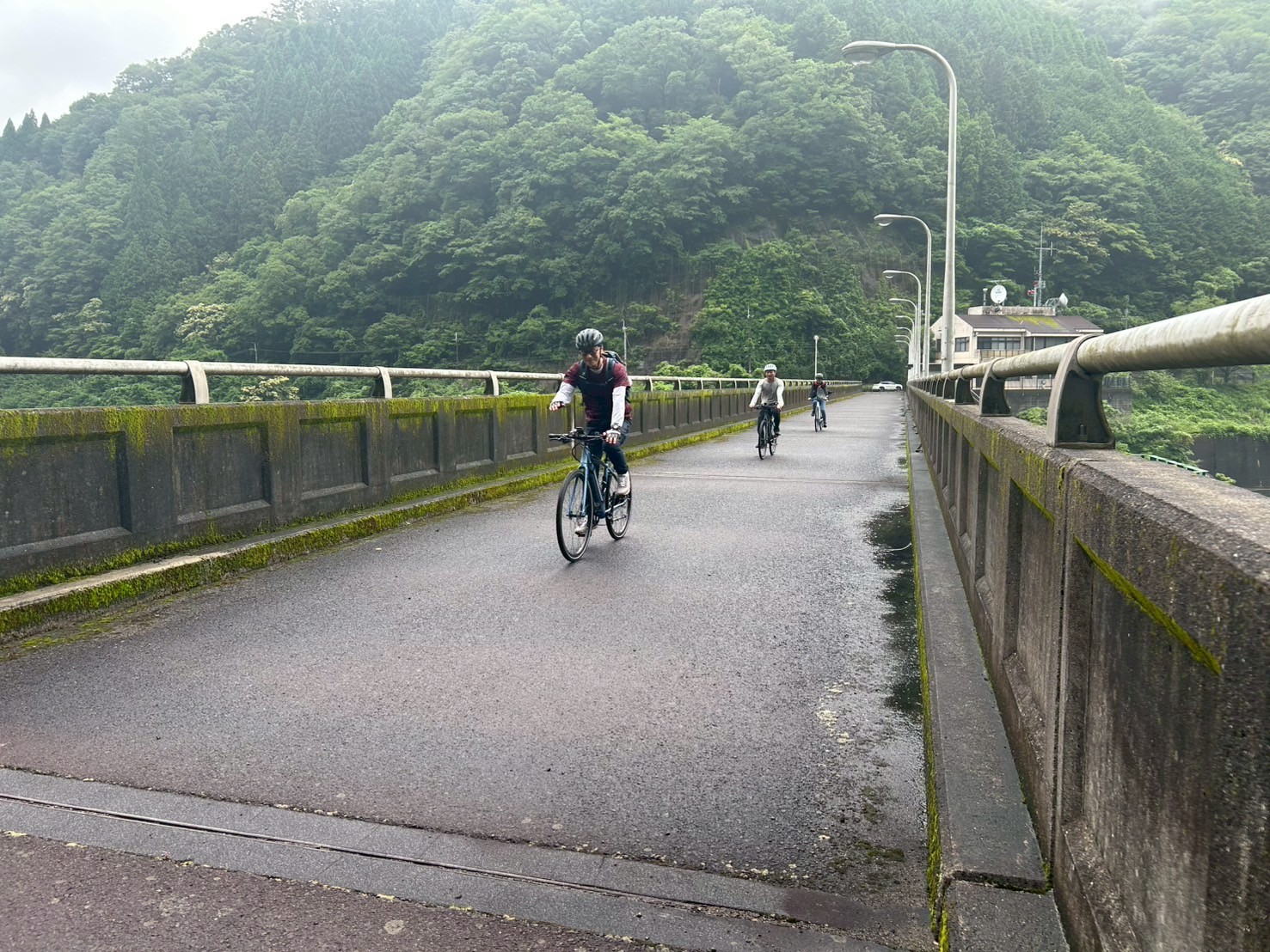 ダムを越えて緑の山々の中を走る