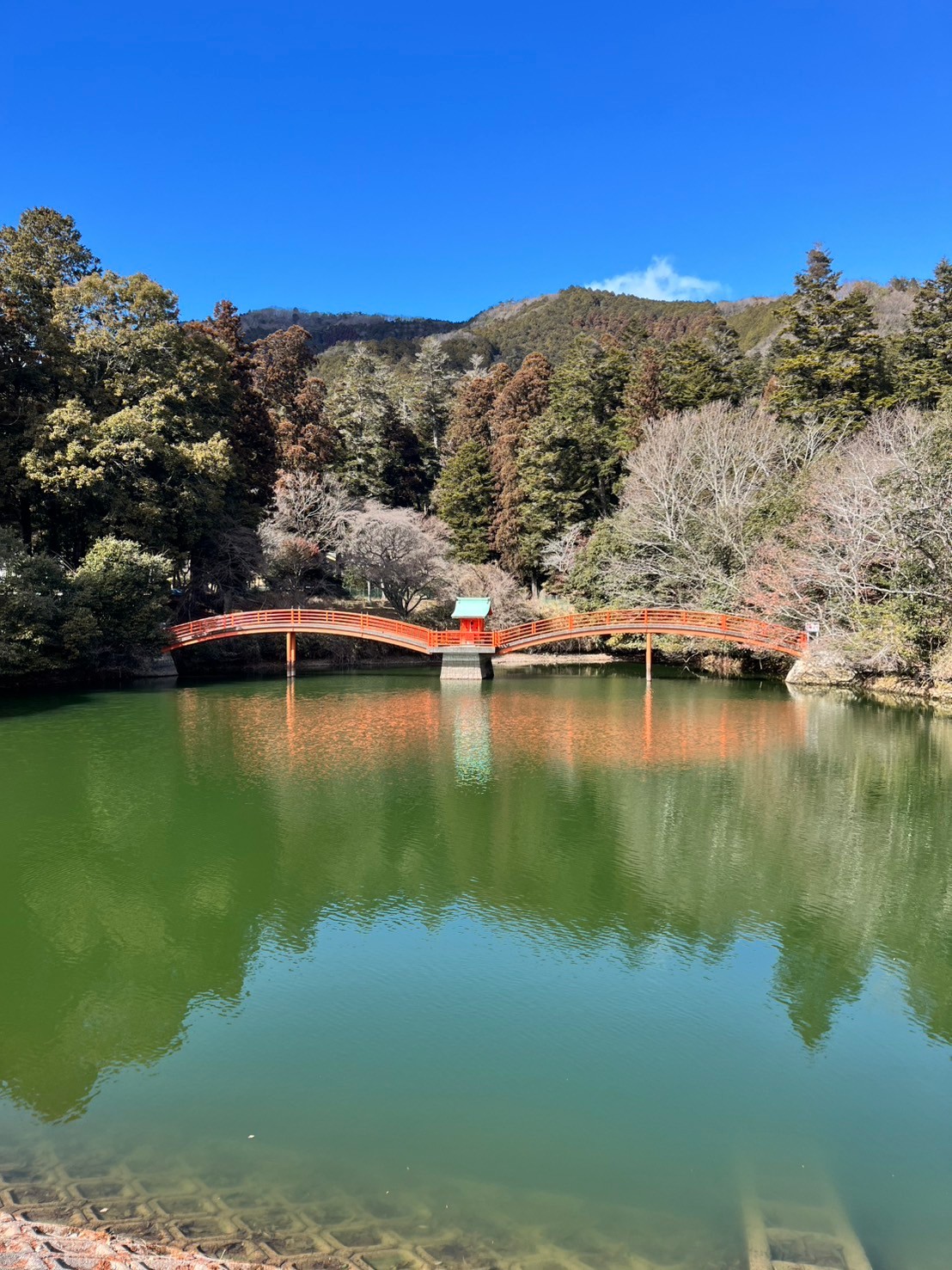 山あいの静かな池に架かる朱い太鼓橋